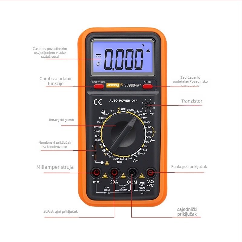 SZBJ VC9804A Digitalni multimetar s velikim zaslonom, mjerenje temperature i frekvencije, pozadinsko osvjetljenje, zaštita od pregorijevanja, automatsko isključivanje
