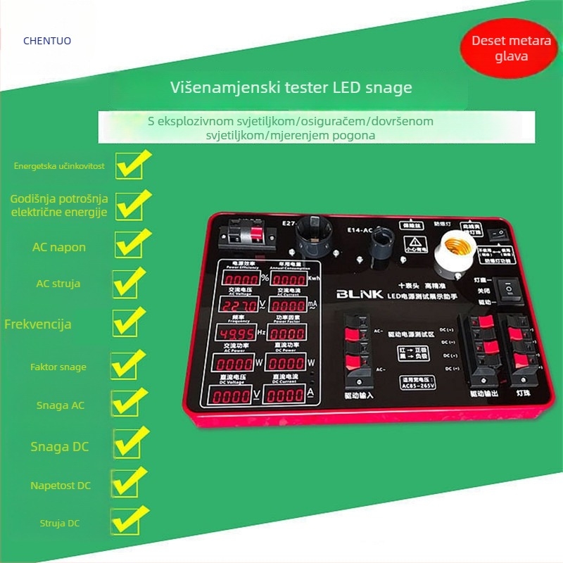 Deset u jednom tester napajanja za upravljač zaslona — mjeri struju, napon, faktor snage i frekvenciju; LED test