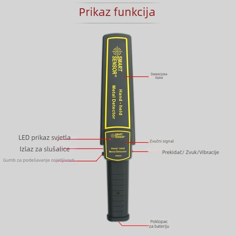 Hima AR954 Ručni detektor metala, napajanje 9V baterija, načini alarma: zvuk, vibracija, alarm putem slušalica