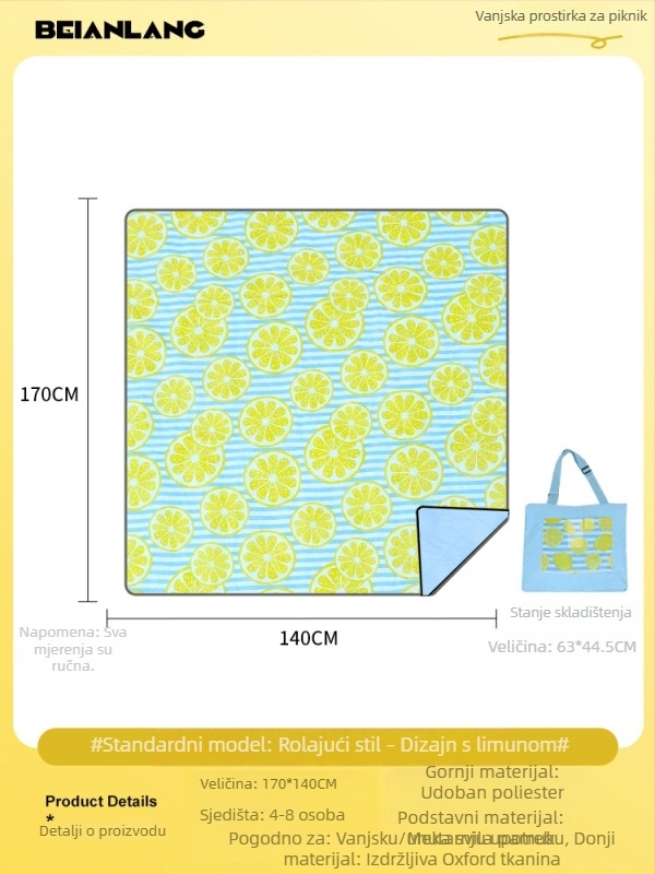 Vanjska prostirka za piknik, otporna na vlagu i debela, za kampiranje i plažu, 140×170 cm, Oxford tkanina, protuklizna, za 6–8 osoba