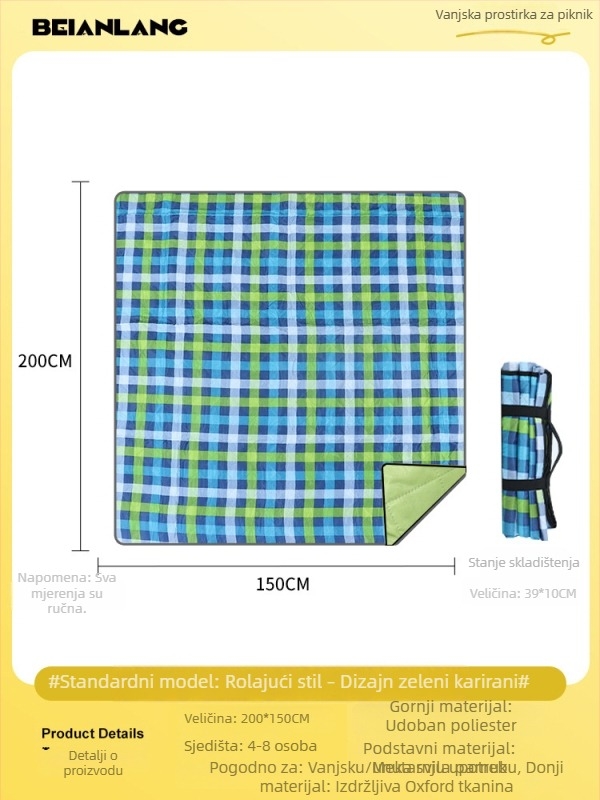 Vanjska prostirka za piknik, otporna na vlagu i debela, za kampiranje i plažu, 140×170 cm, Oxford tkanina, protuklizna, za 6–8 osoba