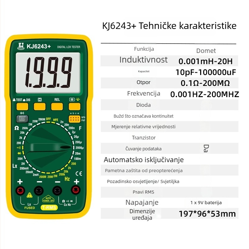 Visokoprecizan digitalni LCR mjerač za mjerenje kapaciteta, induktivnosti, otpora i frekvencije – sveobuhvatni komplet s više od 6243 službenih konfiguracija