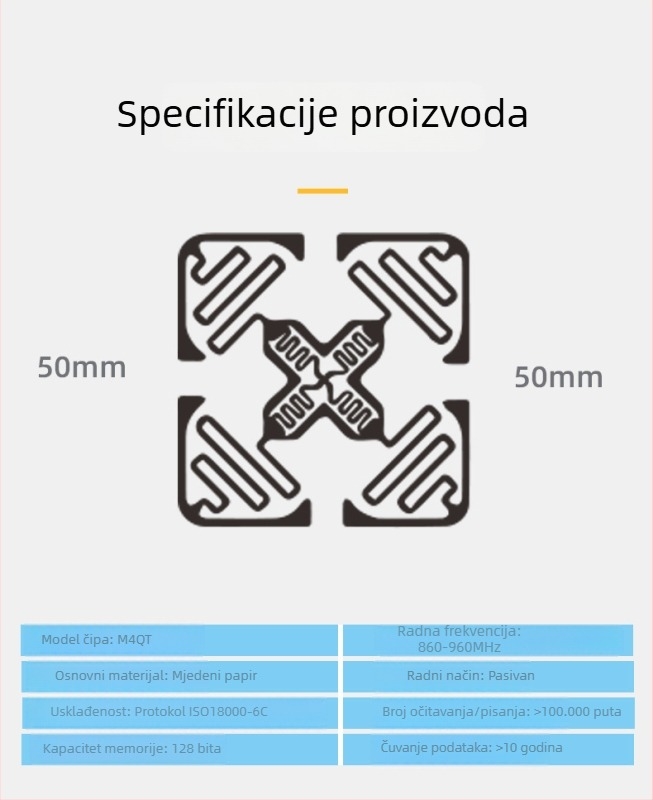 RFID elektronička oznaka UHF, čip M4QT, čitanje/pisanje, memorija 128, doseg čitanja 2-500