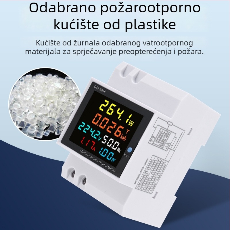 D52-2066 Digitalni mjerač za jednofaznu mrežu s digitalnim zaslonom, mjerenje napona, struje i snage, DIN-rail montaža