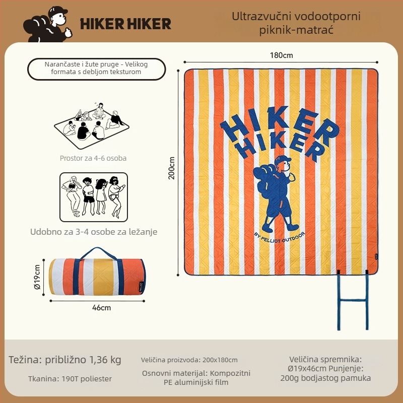 Ultrazvučna vodootporna piknik podloga, pongee tkanina, 100% poliester, debljina 2 mm, težina 940–1400 g, pogodno za 3–6 osoba