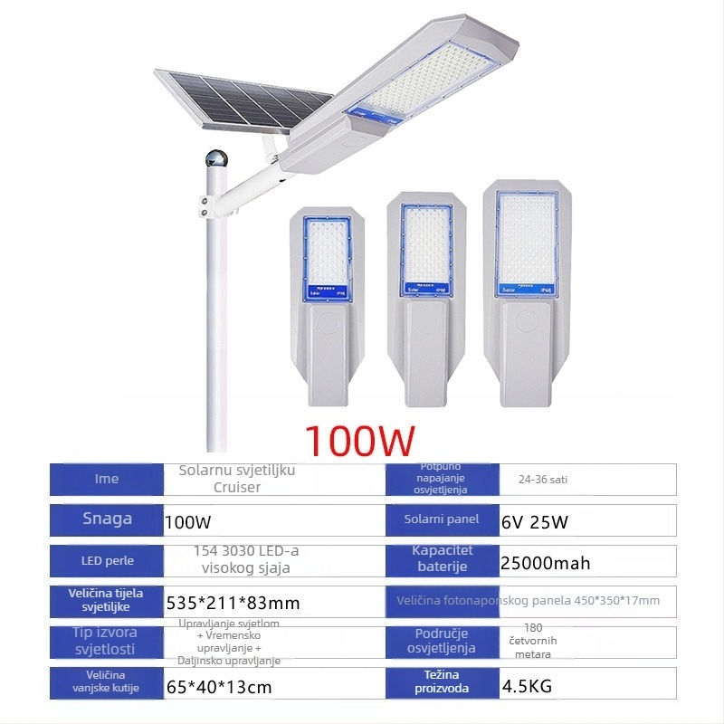 Ocean solarna ulična svjetiljka IP65 vodootporna, 100W, 6V, 12–16 sati osvjetljenja
