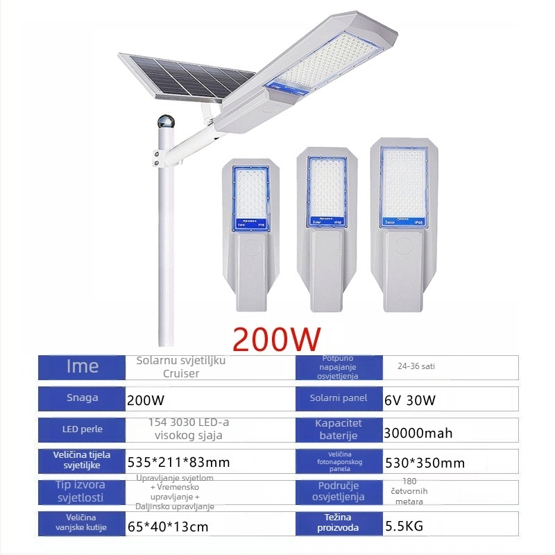 Ocean solarna ulična svjetiljka IP65 vodootporna, 100W, 6V, 12–16 sati osvjetljenja