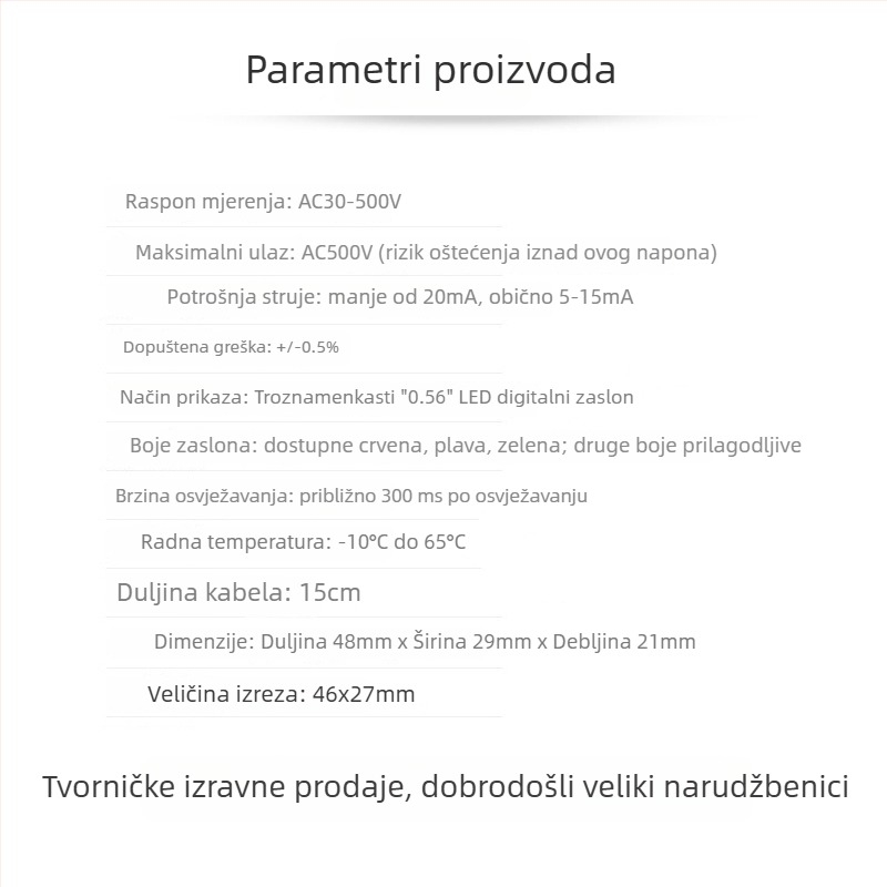 AC voltmetar 30–500V za izmjenični napon, LED digitalni zaslon, dvovodični digitalni mjerni modul, kompatibilan s mrežom 220V i 3-faznim 380V, model ACV-500
