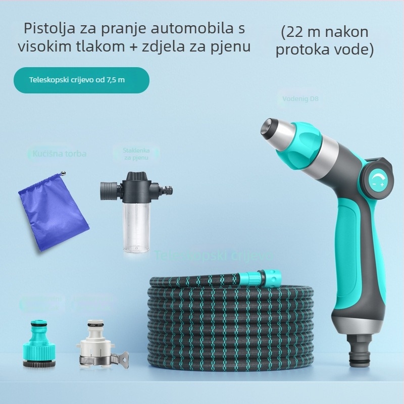 Teleskopski vodeni pištolj za pranje auta i dvorišta – visok tlak, dugi domet, glava i držač od inženjerskih plastika, težina 220 g