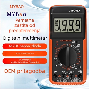 DT9205A digitalni multimetar, visoka preciznost, zaštita od pregrijavanja, profesionalni mjerni instrument za izmjenični tok, raspon 20 mA–20 A, kapacitet 200 mF