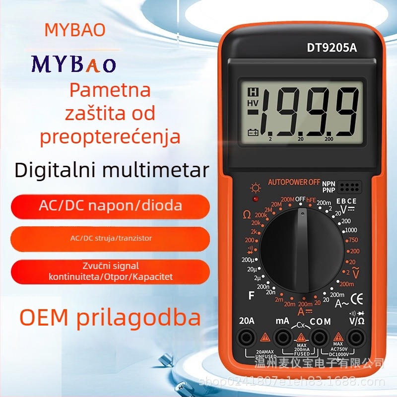 DT9205A digitalni multimetar, visoka preciznost, zaštita od pregrijavanja, profesionalni mjerni instrument za izmjenični tok, raspon 20 mA–20 A, kapacitet 200 mF