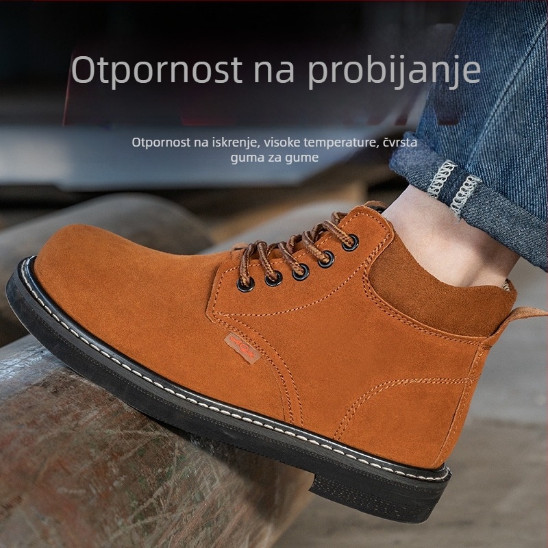 Muške sigurnosne cipele za posao – slip-on, s gumenom potplatom, velur koža, čelična kapica, otporne na probijanje i udarce