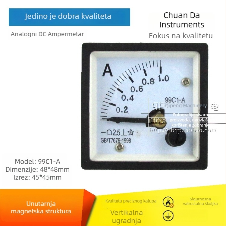 Chuanda Instrument 99C1-A ampermetar s pokazivačem za istosmjernu struju, napajanje DC6–500 V, dimenzije 48×48 mm