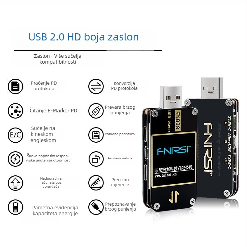 USB mjerni uređaj za napetost i struju FNB38 za testiranje protokola brzog punjenja QC4+, PD3.0, 2.0 PPS (4-24V)