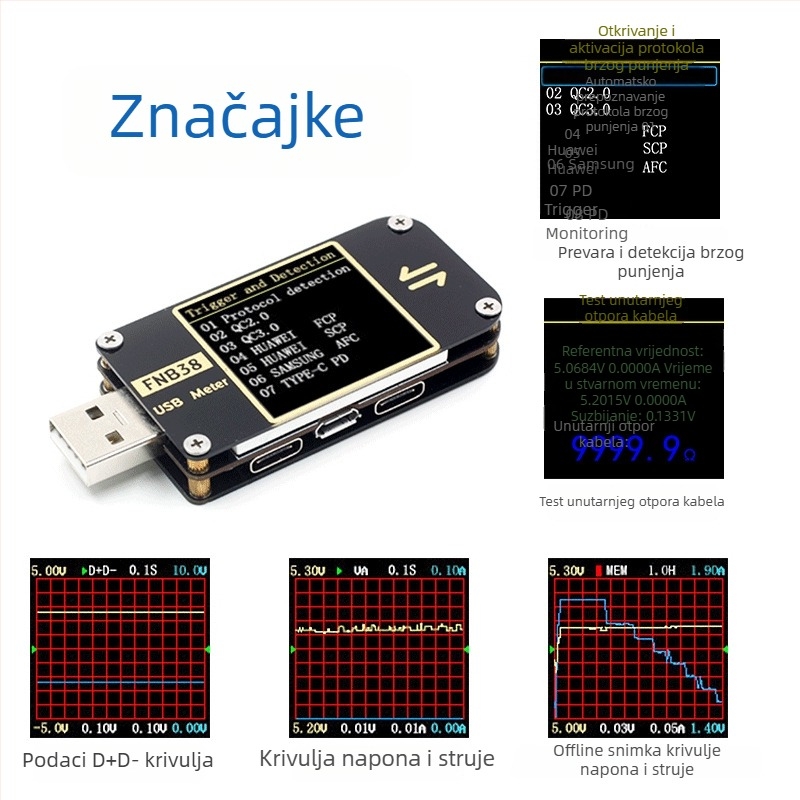 USB mjerni uređaj za napetost i struju FNB38 za testiranje protokola brzog punjenja QC4+, PD3.0, 2.0 PPS (4-24V)