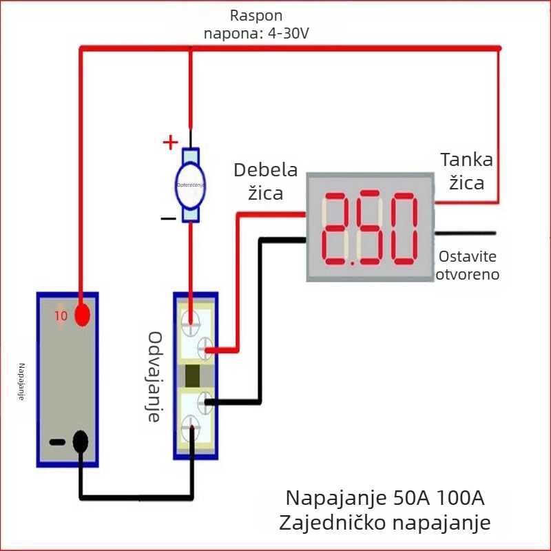DC ampermetar s digitalnim zaslonom, raspon 1A, 10A, 50A, 100A, precizno podešavanje