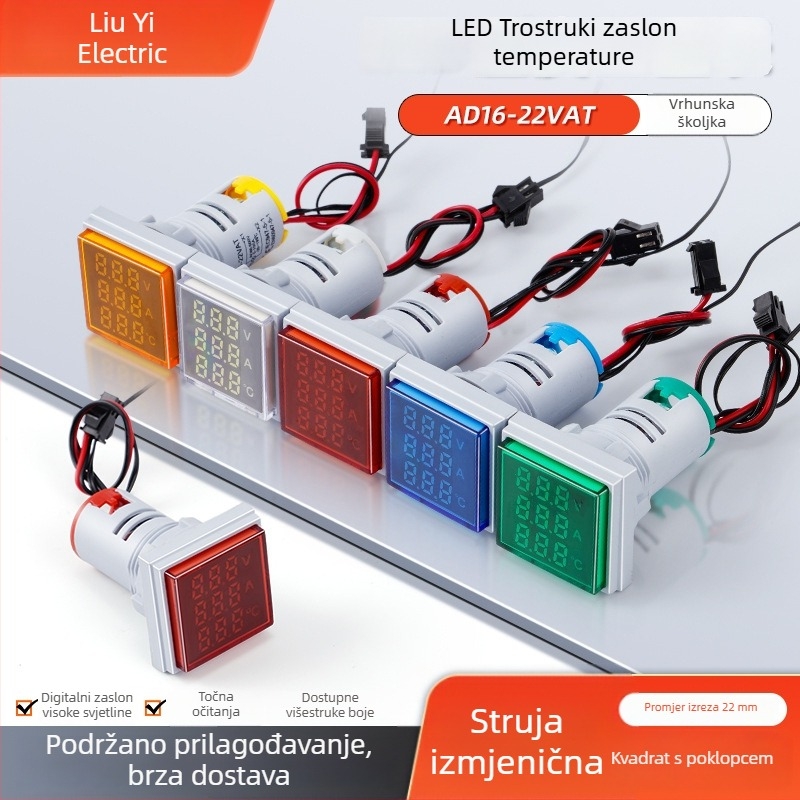 22 mm AC kvadratni LED prikaz za temperaturu s poklopcem, AD16-22VAT, ampermetar, voltmetar i termometar