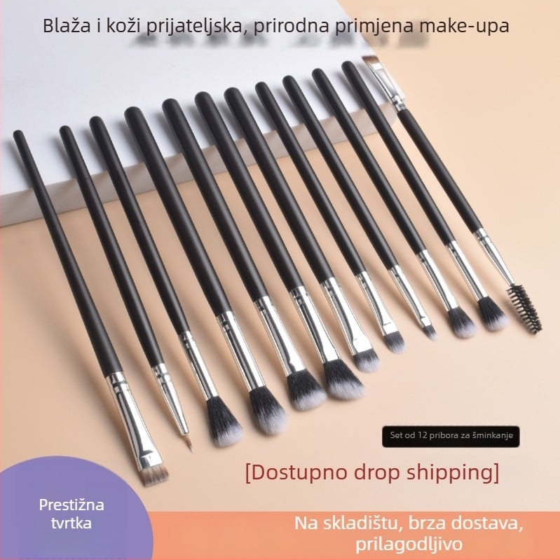 Set od 12 četkica za šminku s mekanim sintetičkim vlaknima, drvenim držalima, prijenosni dizajn, ukupna duljina 16,6 cm
