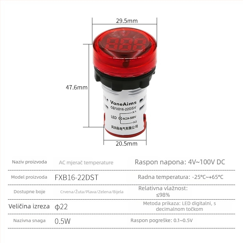 DC4-100V kružni mali digitalni voltmetar sa signalnom lampom FXB16-22DS