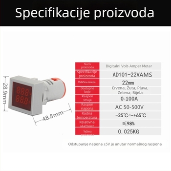 AD16-22VAMS Mjerenje napona i struje s indikatorom, dvostruki prikaz, kvadratni digitalni panel mjerač 22 mm