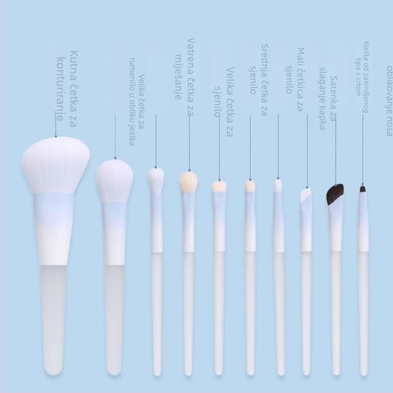 Set od 10 makeup kistova, sintetička vlakna, plastične drške, kratke drške, za početnike