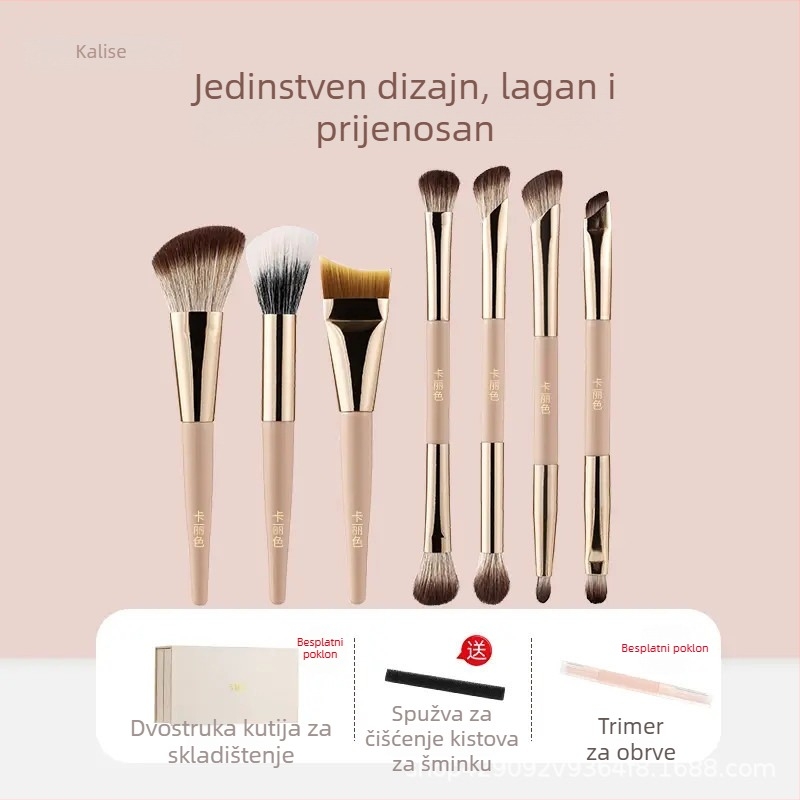 Sklopivi set od 7 četkica za šminkanje s dvostrano završnim četkama za fondacije, konturnu četku, četku za sjenilo, nosa konturnu četku i stippling četku, prenosno