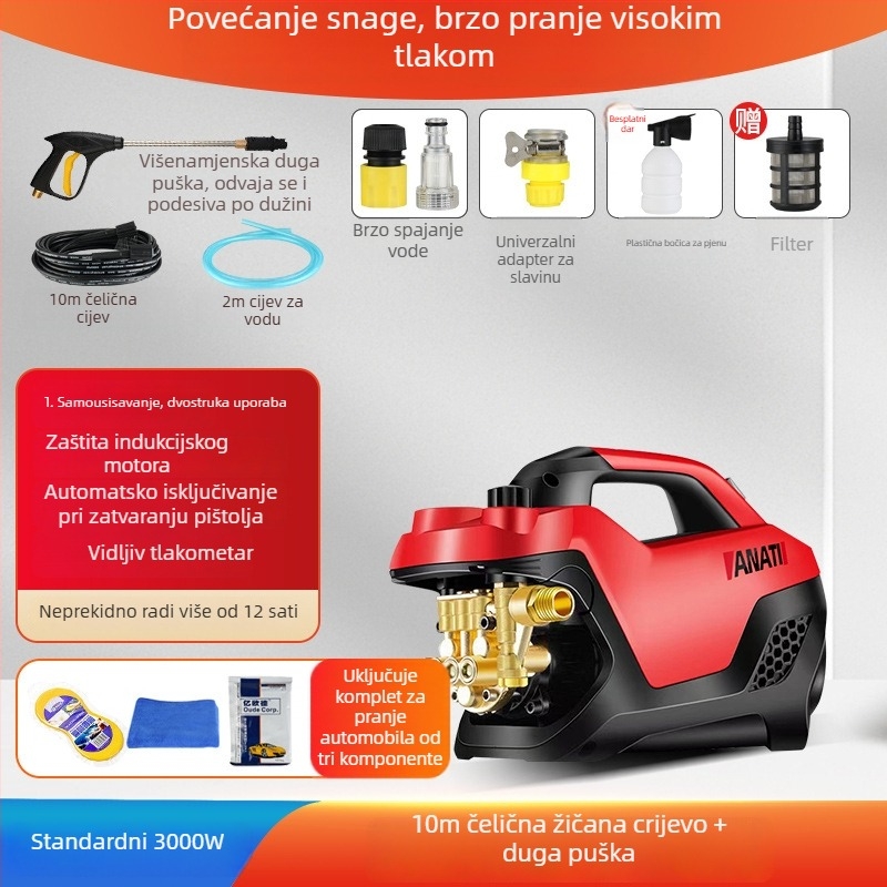 Prijenosni visokotlačni sustav za pranje automobila, 3000W, 220V, do 25 MPa, do 15 L/min