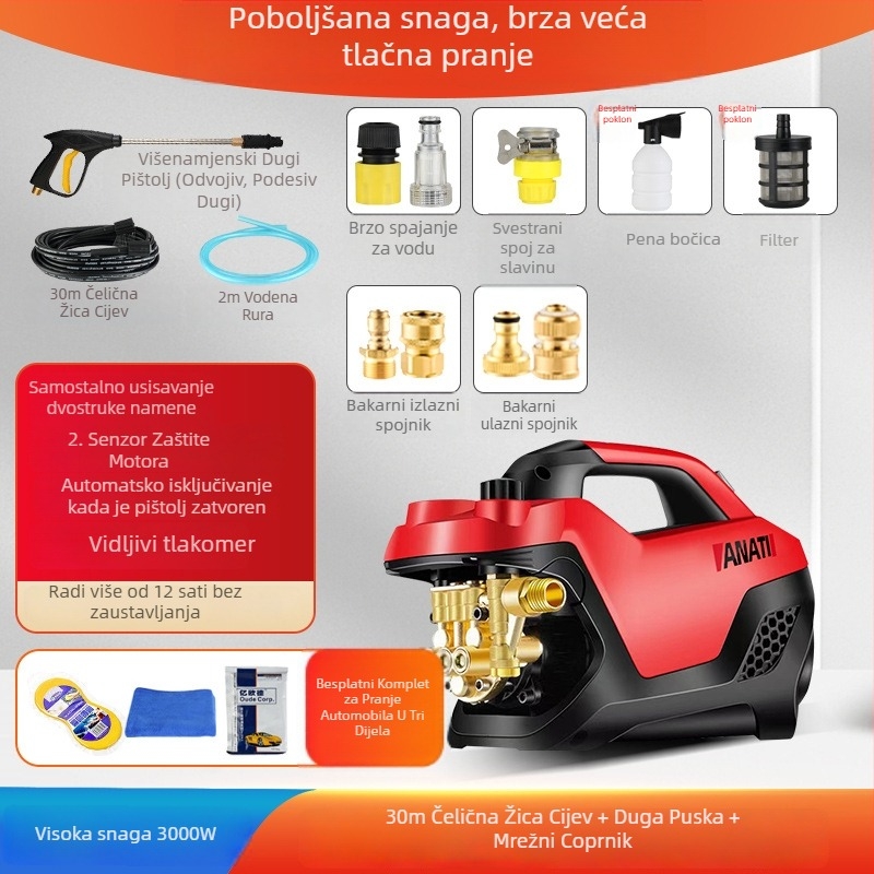 Prijenosni visokotlačni sustav za pranje automobila, 3000W, 220V, do 25 MPa, do 15 L/min