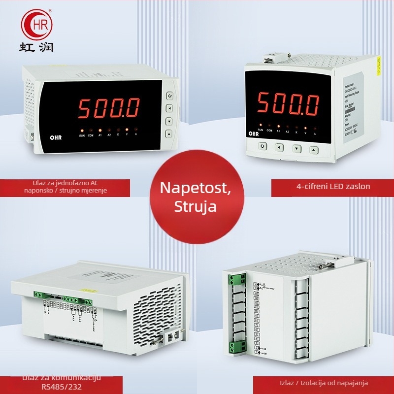 Digitalni voltmetar i ampermetar za izmjeničnu struju s digitalnim zaslonom; raspon mjerenja 0.0–500.0 V; 0.03–5.00 A; preciznost ±0.2%; RS485/RS232 komunikacija; napajanje 100–240 V AC/DC; model OHR-C200A-I-X/X-A