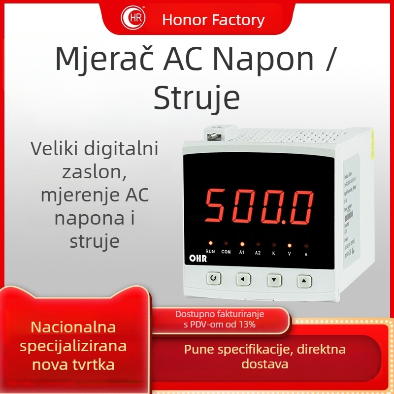 Digitalni voltmetar i ampermetar za izmjeničnu struju s digitalnim zaslonom; raspon mjerenja 0.0–500.0 V; 0.03–5.00 A; preciznost ±0.2%; RS485/RS232 komunikacija; napajanje 100–240 V AC/DC; model OHR-C200A-I-X/X-A