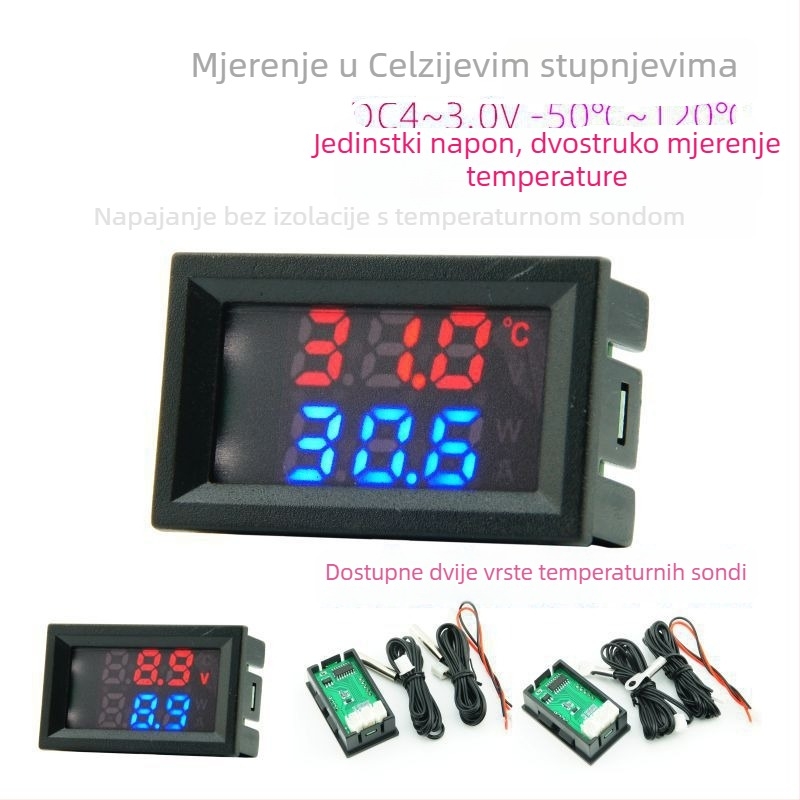 DC dvostruki zaslon mjerni uređaj za temperaturu i napon s izmjenjivim očitanjem temperature, izravno napajanje 4–30V