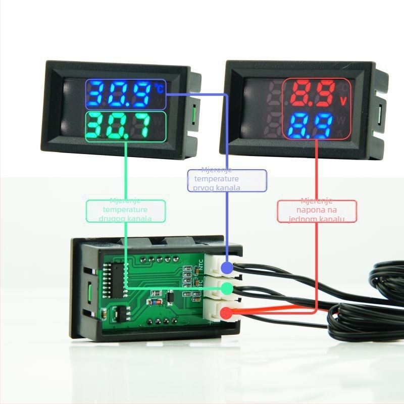 DC dvostruki zaslon mjerni uređaj za temperaturu i napon s izmjenjivim očitanjem temperature, izravno napajanje 4–30V