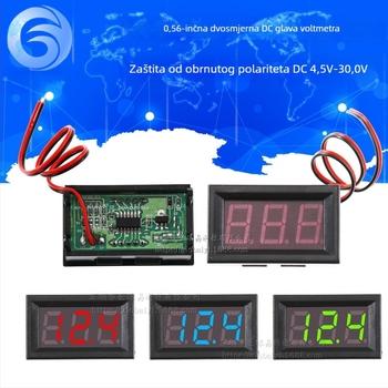 0,56-inčni LED DC voltmetar modul, zaštita od obrnutog spoja, raspon 4,5–30,0 V