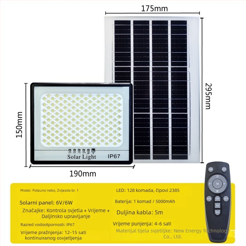 Vanjski solarni LED reflektor, IP67 vodootporan, 12–16 sati rada, 3.2V, upravljanje svjetlom