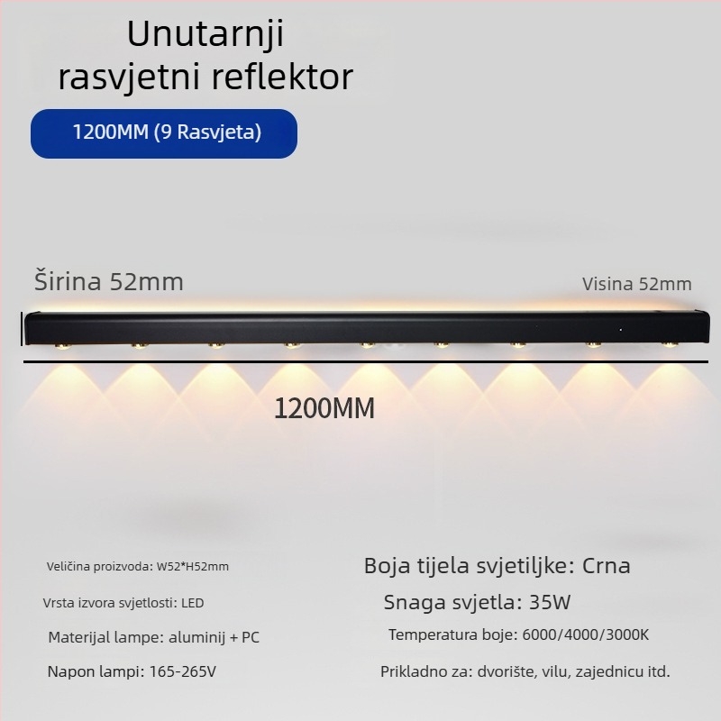 Vanjska duga zidna svjetiljka s 90 LED, 165–265V, 3000K, IP54, aluminijsko kućište
