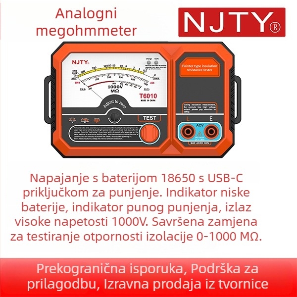 Analogni megohmmetar T6010 – mjeri do 1000 V, izolacijski otpor 2000 MΩ, napajanje baterijom 18650, AC 500 V