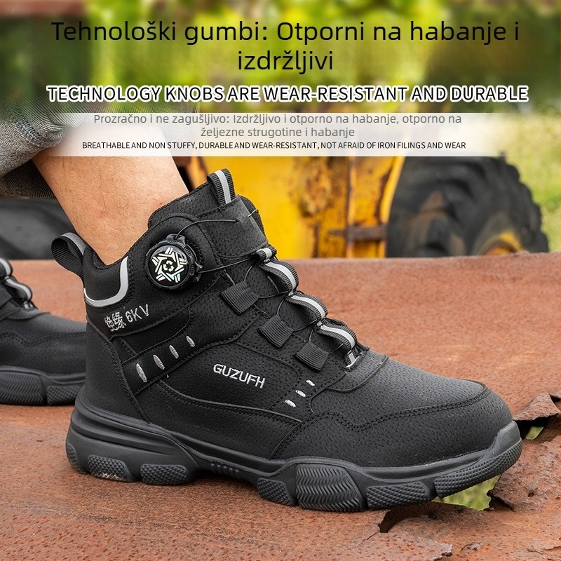 Fu Sheng muške zimske cipele za sigurnost s čeličnom kapom, otporne na udarce i probijanje, s okretno kopčom, srednje visine, materijal mikrovlakna koža i platno