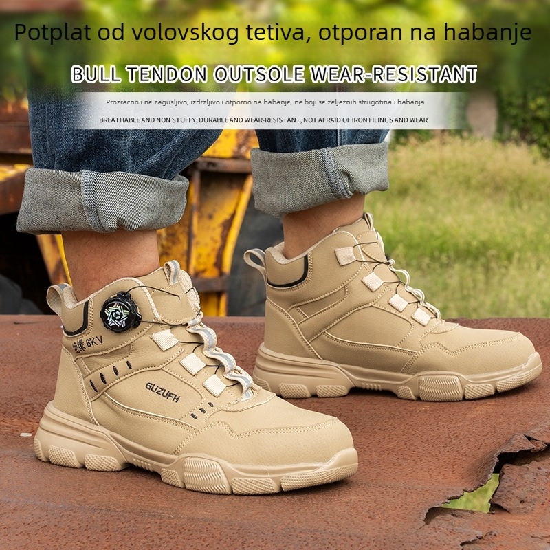 Fu Sheng muške zimske cipele za sigurnost s čeličnom kapom, otporne na udarce i probijanje, s okretno kopčom, srednje visine, materijal mikrovlakna koža i platno