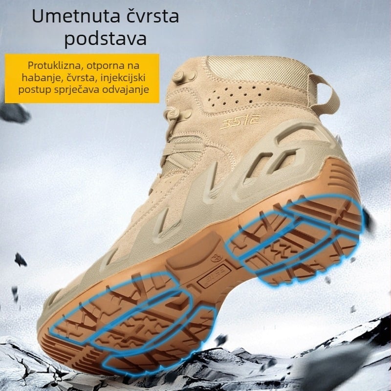 Taktičke planinarske čizme, prozračne i protiv probijanja; materijal: nubuk + čelična mreža; gornji dio: srednja visina; značajke: protiv probijanja