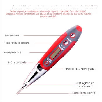 Delixi električni tester s digitalnim zaslonom i LED-om, induktivni odvijač s lampom, mjerenje 12–250V i provjera kontinuiteta