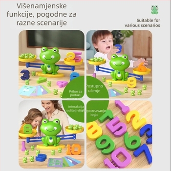 Edukativna igra balans žaba za rano učenje: 20 žaba, 10 brojeva i 8 kartica; plastična konstrukcija; DIY-prijateljska; uzrast 4-6 godina; potiče intelektualni razvoj i logičko razmišljanje.