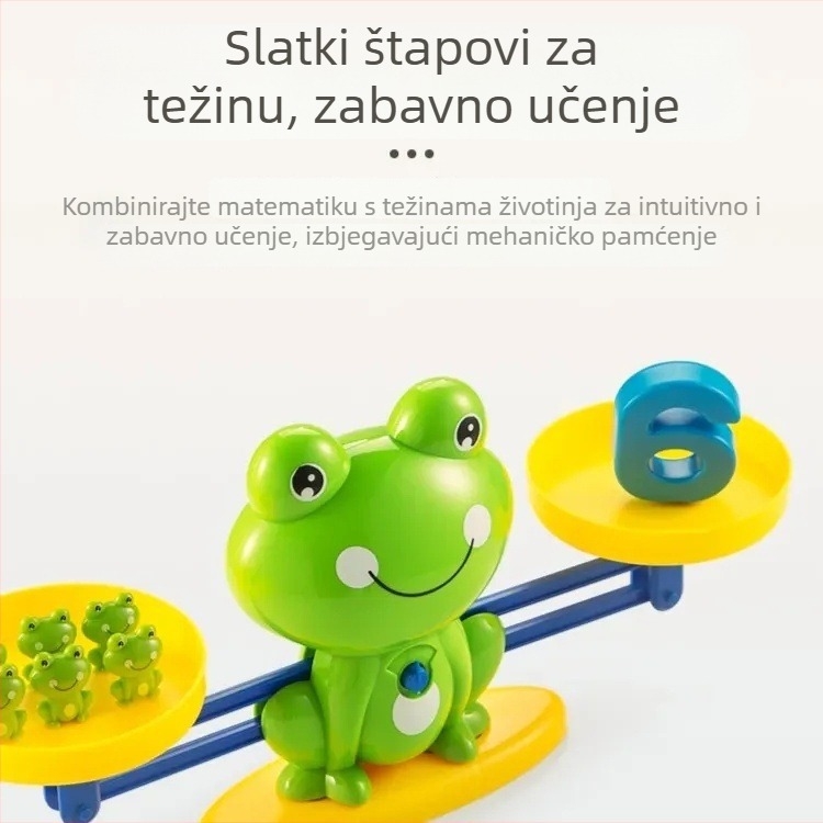 Edukativna igra balans žaba za rano učenje: 20 žaba, 10 brojeva i 8 kartica; plastična konstrukcija; DIY-prijateljska; uzrast 4-6 godina; potiče intelektualni razvoj i logičko razmišljanje.
