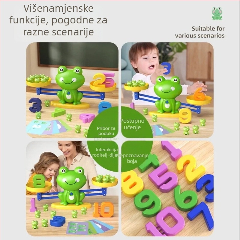 Edukativna igra balans žaba za rano učenje: 20 žaba, 10 brojeva i 8 kartica; plastična konstrukcija; DIY-prijateljska; uzrast 4-6 godina; potiče intelektualni razvoj i logičko razmišljanje.