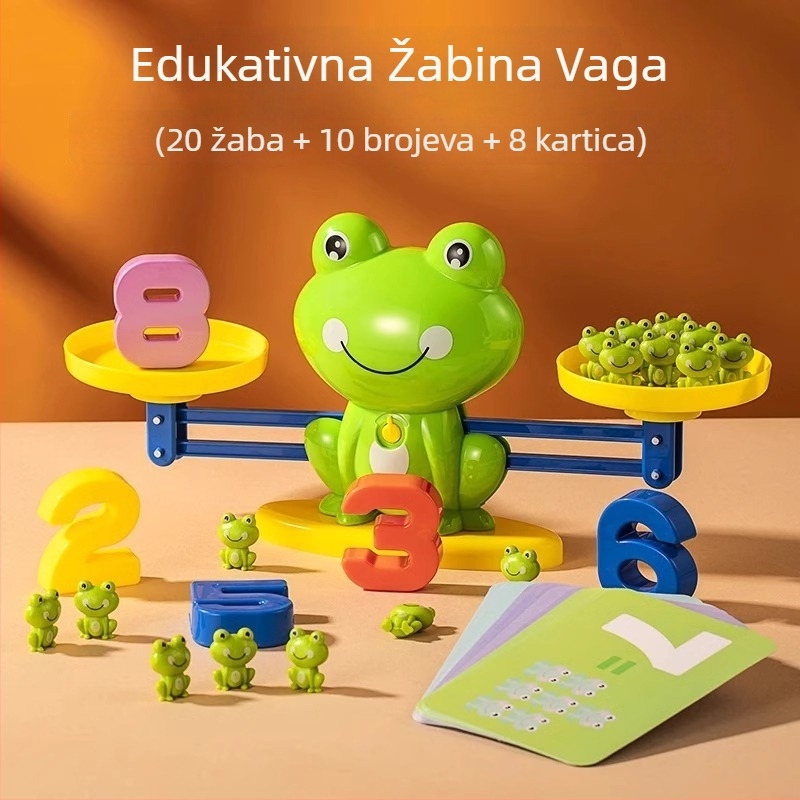 Edukativna igra balans žaba za rano učenje: 20 žaba, 10 brojeva i 8 kartica; plastična konstrukcija; DIY-prijateljska; uzrast 4-6 godina; potiče intelektualni razvoj i logičko razmišljanje.