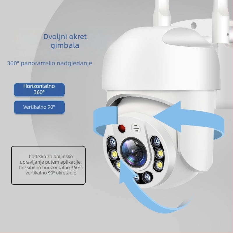 1080P bežična WiFi kupol kamera s noćnim vidom, unutarnja/ vanjska upotreba, montaža na zid ili plafon, pan-tilt 355° horizontalno, 90° vertikalno