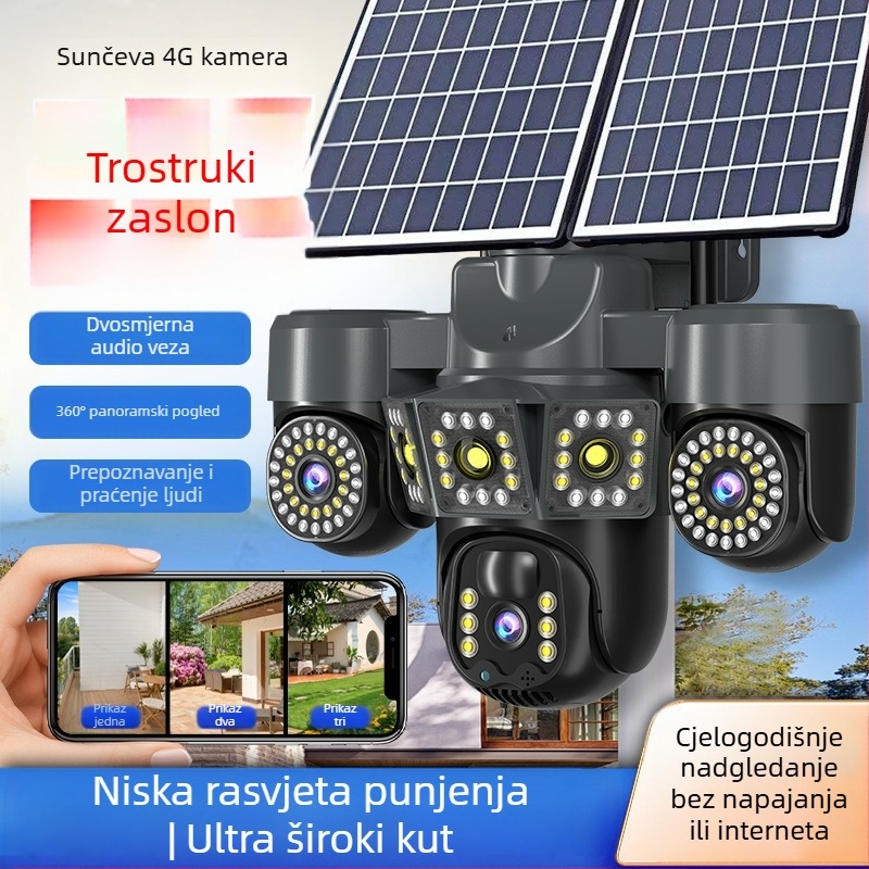 Solarna vanjska kamera s 1080p noćnim vidom, 6 mm objektiv, domet preko 30 m, uključen solarni panel