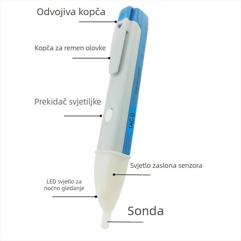 Bezkontaktni tester napona AC s automatskim osvjetljenjem, bljeskanjem i zvučnim signalom