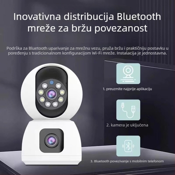 Unutarnja bežična Wi‑Fi PTZ kamera za nadzor s 355° horizontalnog rotiranja i -90° do +90° vertikalnog nagiba; horizontalna brzina 60°/s, vertikalna brzina 0.1–50°/s, napajanje 5V.