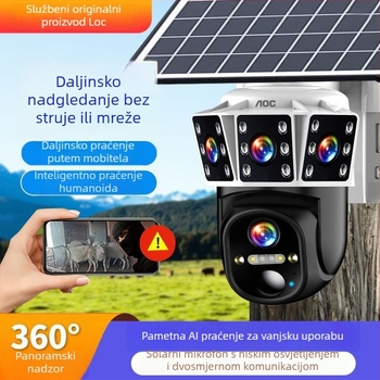 Solarna kamera za nadzor bez kabelskog napajanja, 360° vanjsko pokriće, vodootporna, AI pametne značajke, daljinski pristup putem mobitela, 5G