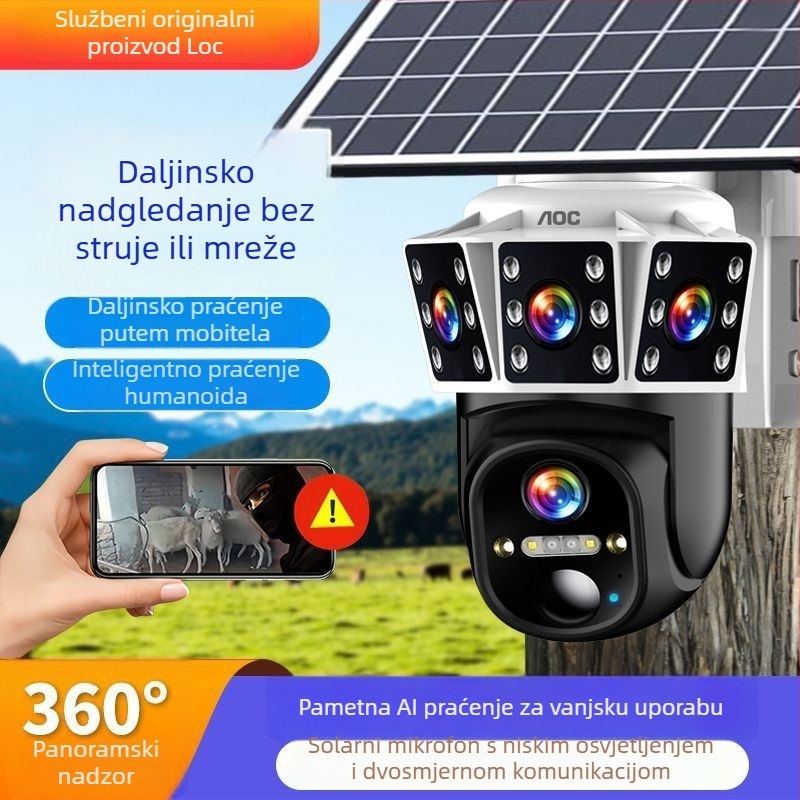 Solarna kamera za nadzor bez kabelskog napajanja, 360° vanjsko pokriće, vodootporna, AI pametne značajke, daljinski pristup putem mobitela, 5G
